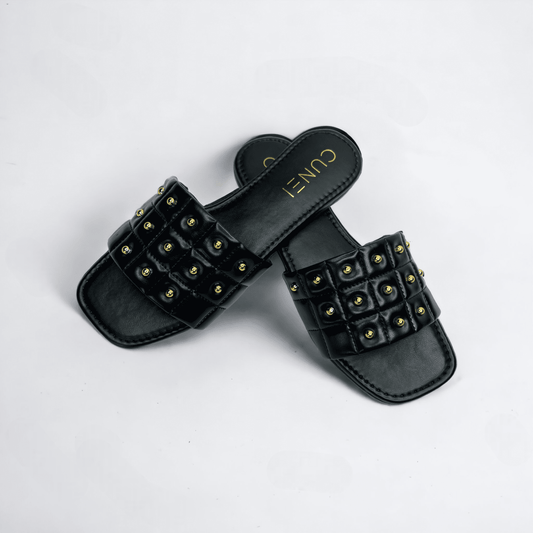 Black Opulence Buttoned Slides - Wedges