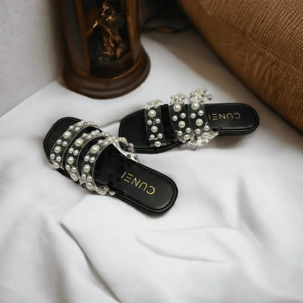 Sandals for Girls - Black Festive Pearl Flats by Cunei India