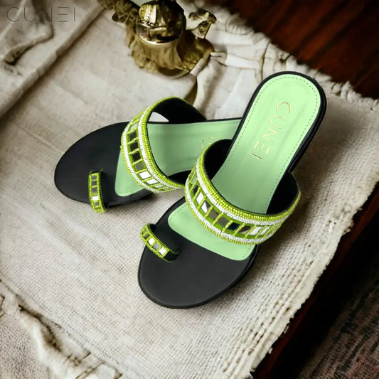 Green Mirrored Beads Heels - Heels