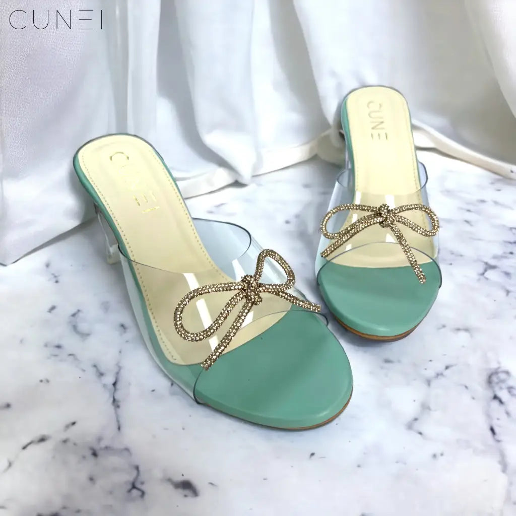 Pastel Green Clear Strap Bella Heels with Bow - Heels