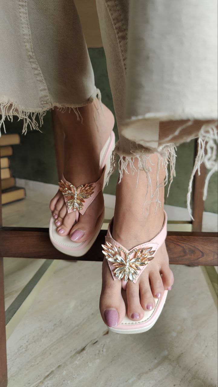 Salmon Pink Butterfly Jewelled Wedges - Wedges