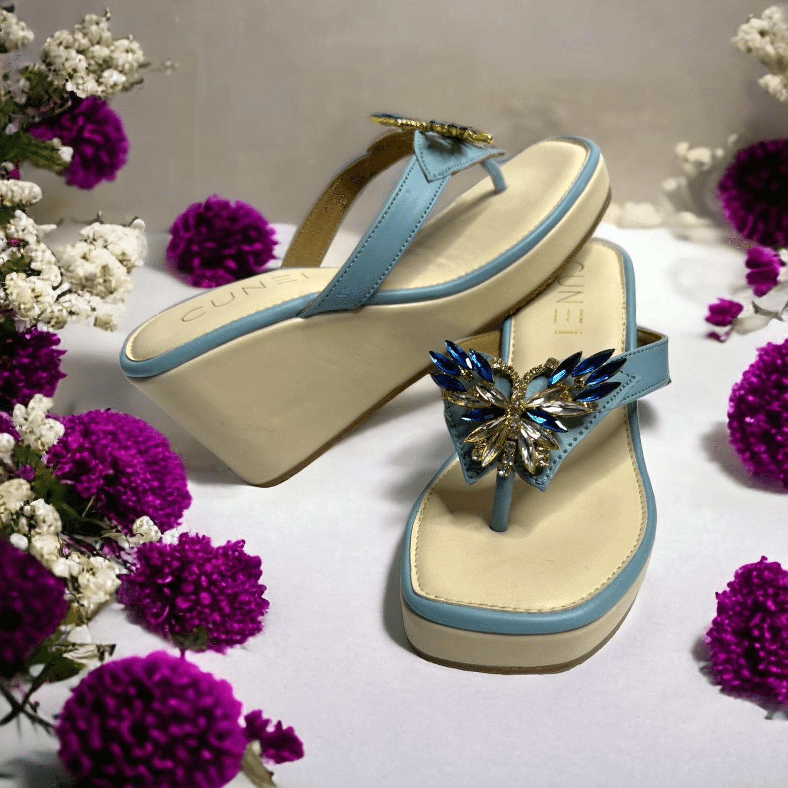 Sky Blue Butterfly Jewelled Wedges
