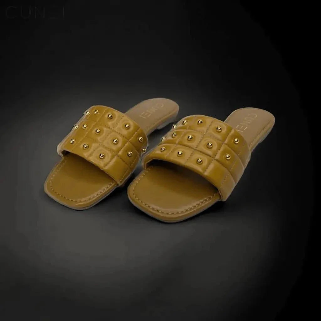 Tan Opulence Buttoned Slides - Wedges