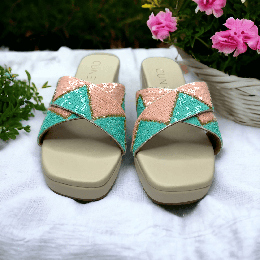 Whimsical Blue and Peach Sequin White Wedges - Wedges
