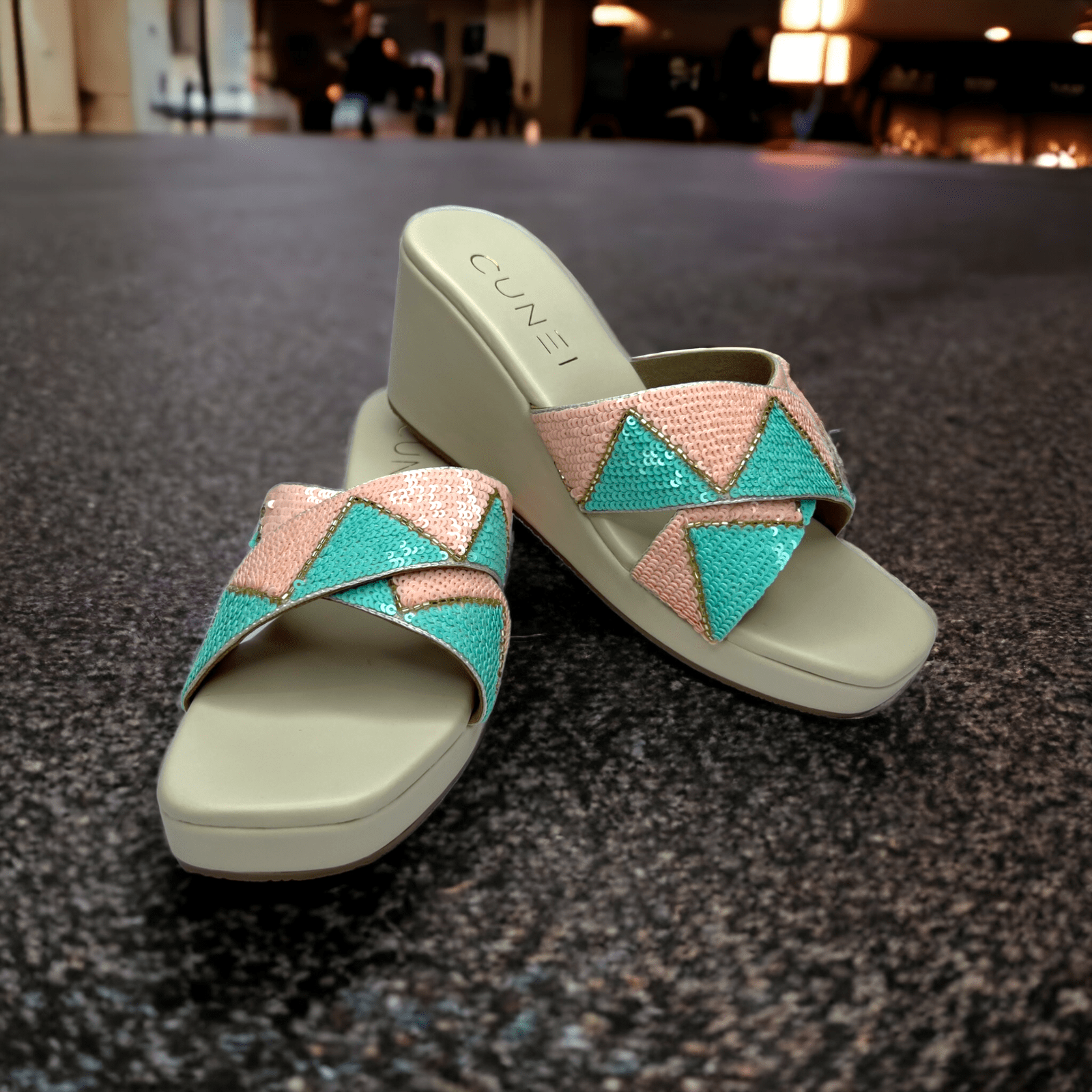 Whimsical Blue and Peach Sequin White Wedges