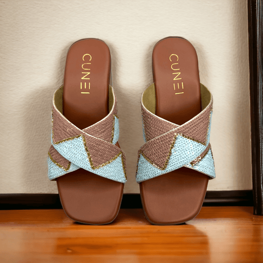 Whimsical Blue and Tan Sequin Wedges